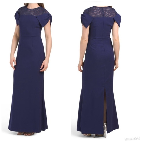JS COLLECTIONS Blue Annalise Bow Mermaid Gown - Picture 1 of 11